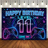 Aperturee - Aperturee Neon Video Game Level 11 Happy Birthday Backdrop Glowing Gamer Controller Theme Party Decoration Banner