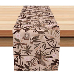 Aperturee - Aperturee Neutral Abstract Table Runner with Khaki Botanical Leaves for Modern Minimalist Kitchen and Dining