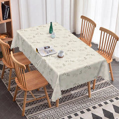 Aperturee - Aperturee Neutral Beige Botanical Rectangle Tablecloth Simple Farmhouse Style with Grey Leaf Embroidery Print Decor