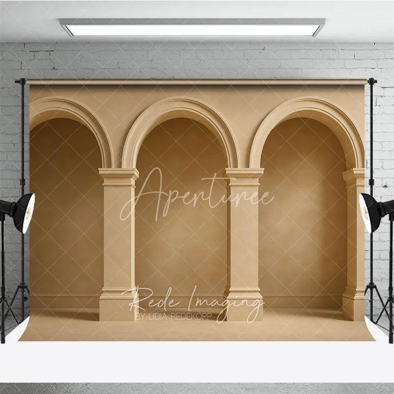Aperturee - Aperturee Neutral Beige Textured Wall Photography Backdrop with Classical Arches and Columns Elegant Architectural Design