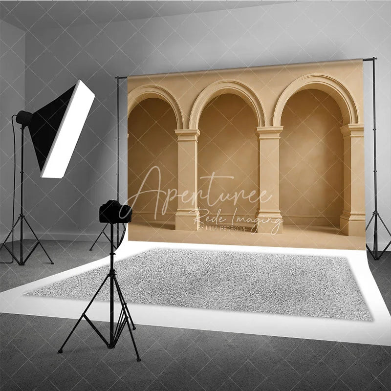 Aperturee - Aperturee Neutral Beige Textured Wall Photography Backdrop with Classical Arches and Columns Elegant Architectural Design