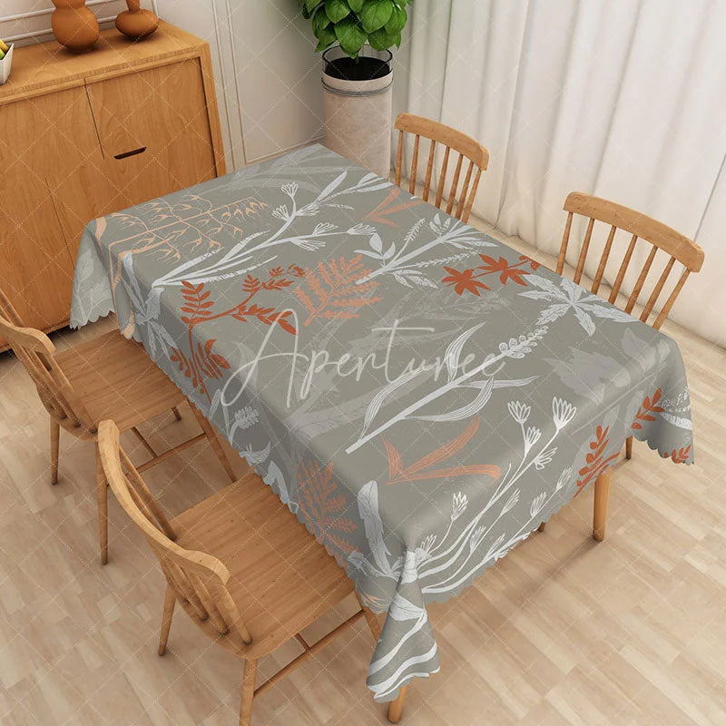 Aperturee - Aperturee Neutral Botanical Tablecloth with Grey White and Brown Leaf Pattern for Modern Farmhouse Kitchen Decor