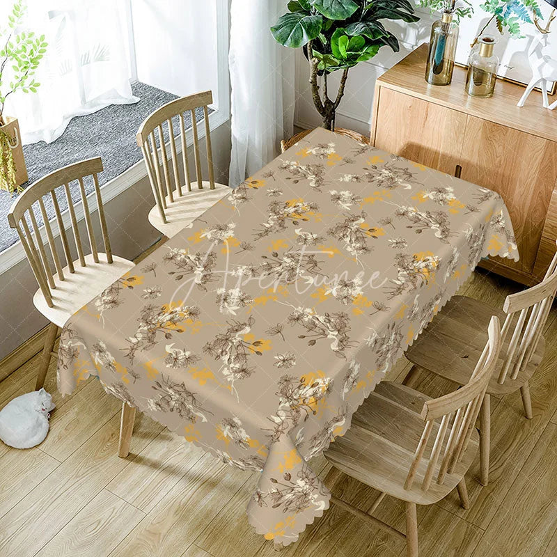 Aperturee - Aperturee Neutral Taupe Floral Sketch Rectangle Tablecloth Brown Wildflower Branch Pattern Cover Rustic Farmhouse Decor