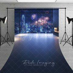 Aperturee - Aperturee New Year City Skyline Sweep Backdrop Night Fireworks Window View Photography Floor Mat Celebration Party Decoration