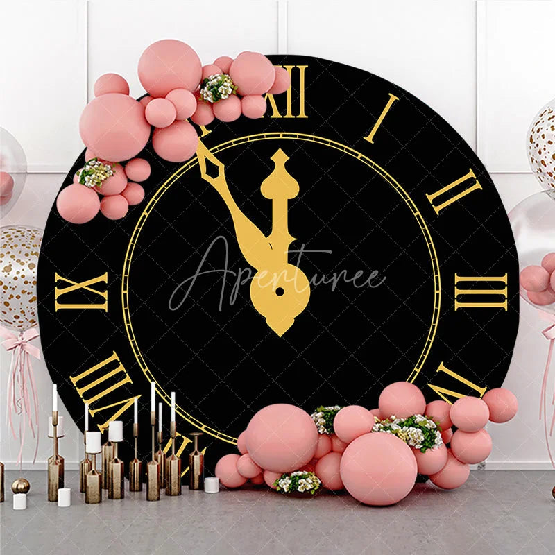 Aperturee - Aperturee New Year Eve Countdown Clock Round Backdrop Black Gold Midnight Party Decor