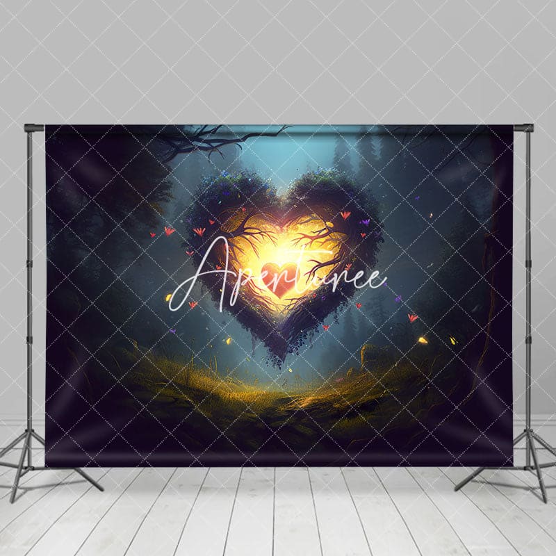 Aperturee - Aperturee Night Forest Lighted Heart Valentines Day Backdrop