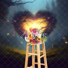 Aperturee - Aperturee Night Forest Lighted Heart Valentines Day Backdrop