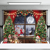 Aperturee - Aperturee Night Forest Moon Santa Window Curtain Xmas Backdrop