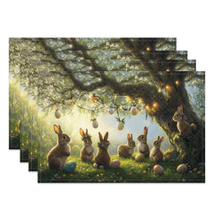 Aperturee - Aperturee Night Garden Bunny Set of 4 Placemats Rabbits with String Lights Enchanted Easter Holiday Table Mats