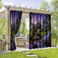 Aperturee - Aperturee Night Lake Garden Waterproof Printed Outdoor Curtains