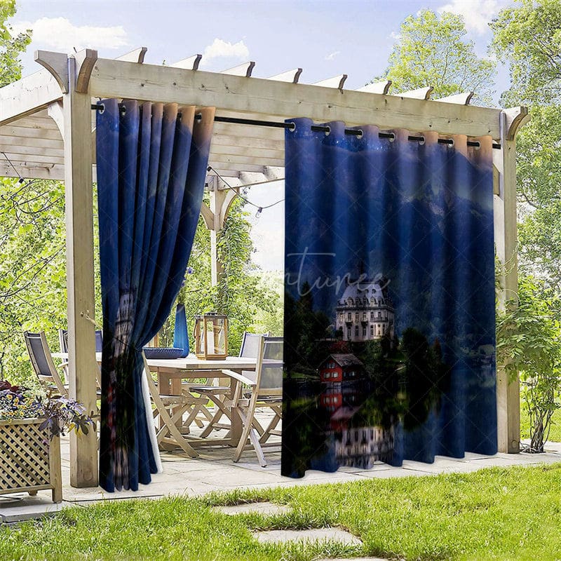 Aperturee - Aperturee Night Lake Scene Waterproof Printed Outdoor Curtains