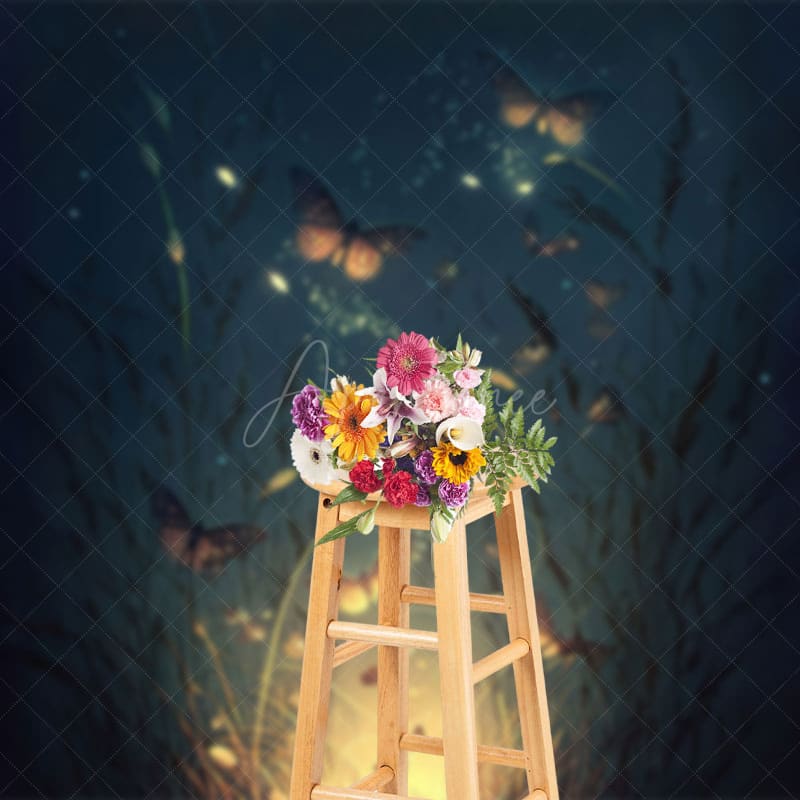 Aperturee - Aperturee Night Lighted Grass Mystical Butterflies Backdrop