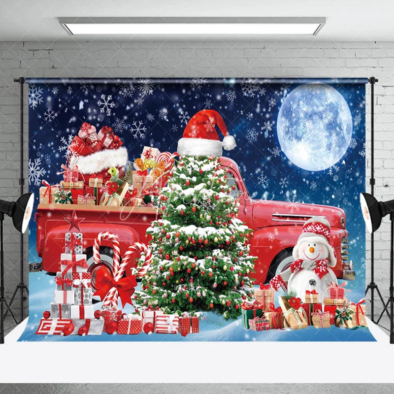 Aperturee - Aperturee Night Moon Red Gift Truck Tree Christmas Backdrop