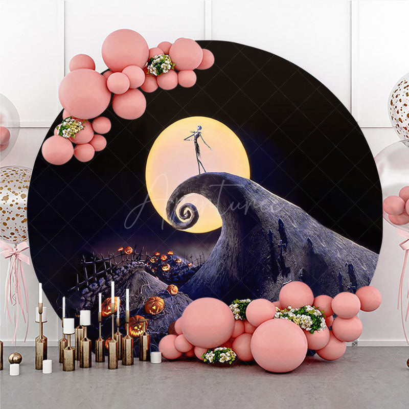 Aperturee - Aperturee Nightmare Before Christmas Inspired Round Backdrop Jack Skellington on Spiral Hill Halloween Movie Theme Decor