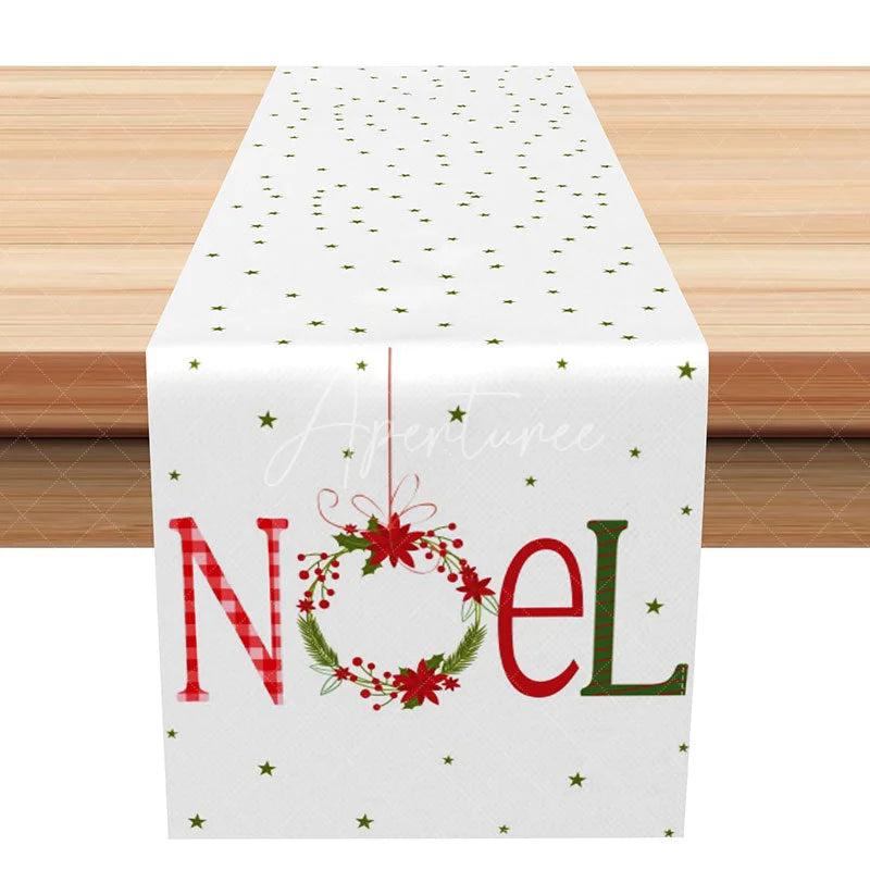 Aperturee - Aperturee Noel Christmas Table Runner with Wreath Red Plaid and Green Simple Holiday Farmhouse Decor