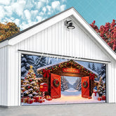 Aperturee - Aperturee North Pole Christmas Snowy Archway Garage Door Banner Festive Winter Wonderland Holiday Decor with Snowman and Gifts