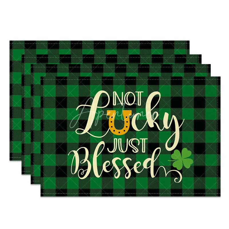 Aperturee - Aperturee Not Lucky Just Blessed Set of 4 Placemats St. Patricks Day Golden Horseshoe Green Plaid Table Mats