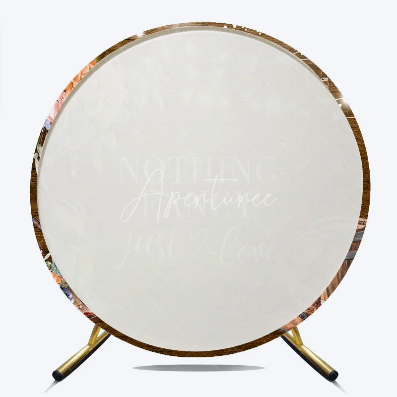 Aperturee - Aperturee Nothing Fancy Just Love Round Backdrop Rustic Wood Western Wedding Cowboy Boots and String Lights Decor