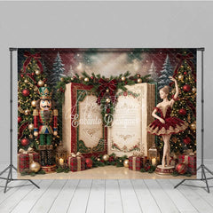 Aperturee - Aperturee Nutcracker Ballerina Christmas Holiday Backdrop with Decorated Trees Festive Gifts and Open Storybook