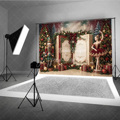 Aperturee - Aperturee Nutcracker Ballerina Christmas Holiday Backdrop with Decorated Trees Festive Gifts and Open Storybook