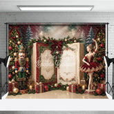 Aperturee - Aperturee Nutcracker Ballerina Christmas Holiday Backdrop with Decorated Trees Festive Gifts and Open Storybook