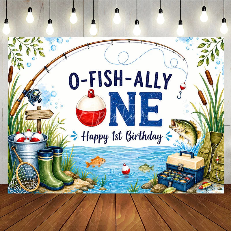 Aperturee - Aperturee O-FISH-ALLY ONE Fishing 1st Birthday Backdrop Fishing Rod and Tackle Box Happy First Birthday Party Decor
