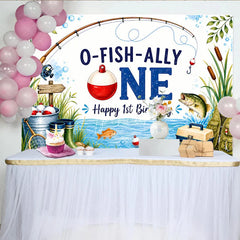 Aperturee - Aperturee O-FISH-ALLY ONE Fishing 1st Birthday Backdrop Fishing Rod and Tackle Box Happy First Birthday Party Decor