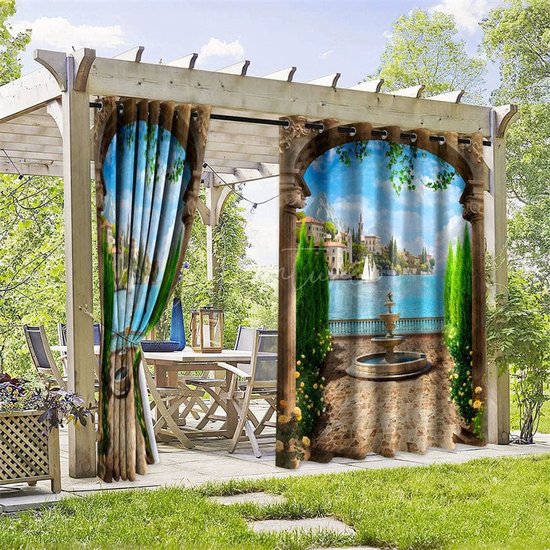 Aperturee - Aperturee Ocean House Yard Waterproof Printed Outdoor Curtains