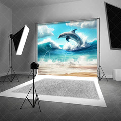 Aperturee - Aperturee Ocean Waves Jumping Dolphin Summer Photography Backdrop Tropical Sunny Beach Vacation Studio Background
