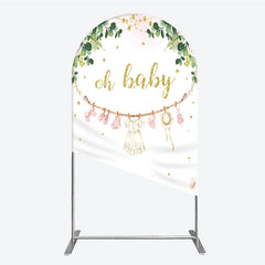 Aperturee - Aperturee Oh Baby Clothesline Arch Backdrop for Baby Shower Whimsical Pink and Gold with Fairytale Village Girl Party Decor