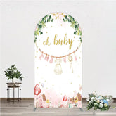 Aperturee - Aperturee Oh Baby Clothesline Arch Backdrop for Baby Shower Whimsical Pink and Gold with Fairytale Village Girl Party Decor