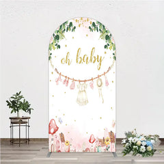 Aperturee - Aperturee Oh Baby Clothesline Arch Backdrop for Baby Shower Whimsical Pink and Gold with Fairytale Village Girl Party Decor