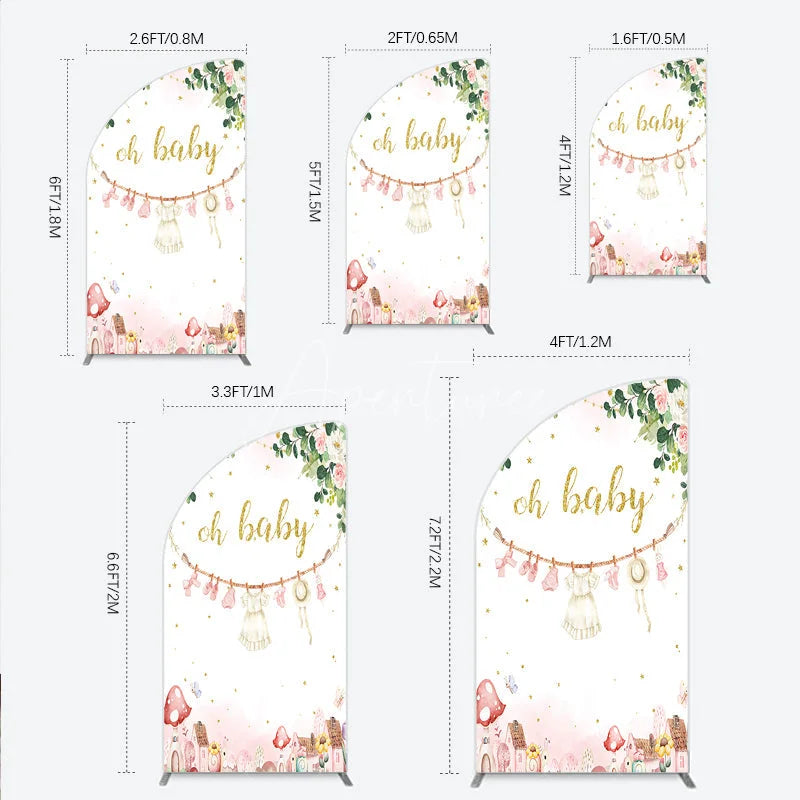 Aperturee - Aperturee Oh Baby Clothesline Half Moon Arch Backdrop for Baby Shower Whimsical Pink and Gold with Fairytale Village Girl Party