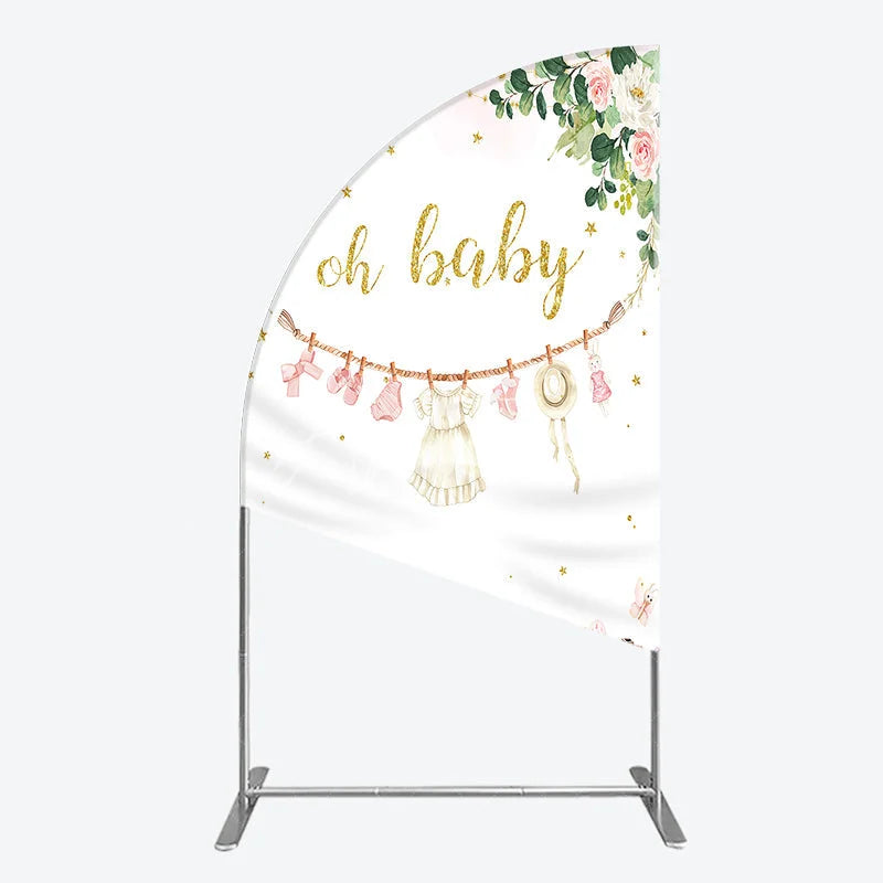 Aperturee - Aperturee Oh Baby Clothesline Half Moon Arch Backdrop for Baby Shower Whimsical Pink and Gold with Fairytale Village Girl Party