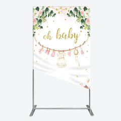 Aperturee - Aperturee Oh Baby Clothesline Rectangle Backdrop for Baby Shower Whimsical Pink and Gold with Fairytale Village Girl Party Decor