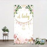 Aperturee - Aperturee Oh Baby Clothesline Rectangle Backdrop for Baby Shower Whimsical Pink and Gold with Fairytale Village Girl Party Decor