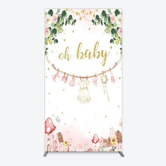 Aperturee - Aperturee Oh Baby Clothesline Rectangle Backdrop for Baby Shower Whimsical Pink and Gold with Fairytale Village Girl Party Decor