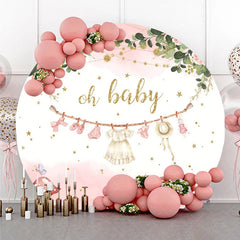 Aperturee - Aperturee Oh Baby Clothesline Round Backdrop for Baby Shower Boho Floral with Pink and Gold Girl Party Photo Booth Decor