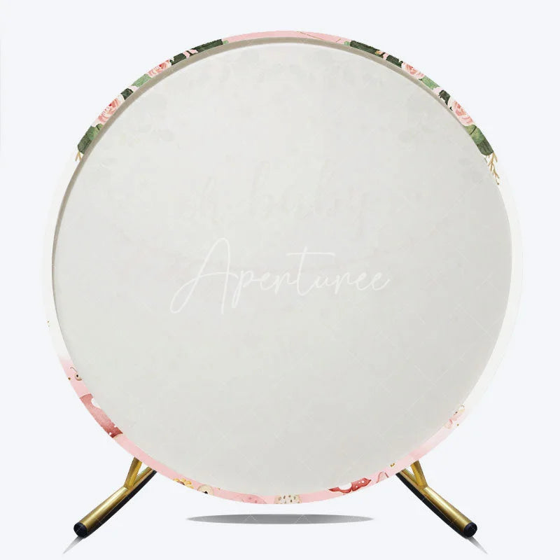 Aperturee - Aperturee Oh Baby Clothesline Round Backdrop for Baby Shower Boho Floral with Pink and Gold Girl Party Photo Booth Decor