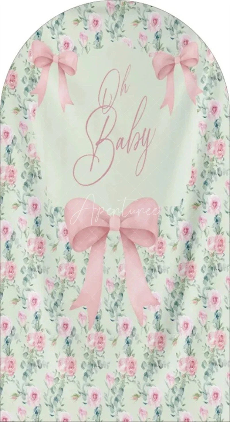 Aperturee - Aperturee Oh Baby Floral Arch Backdrop Adorable Bow and Blossom Decor for Nursery Baby Shower Photo Prop for Girls Boys