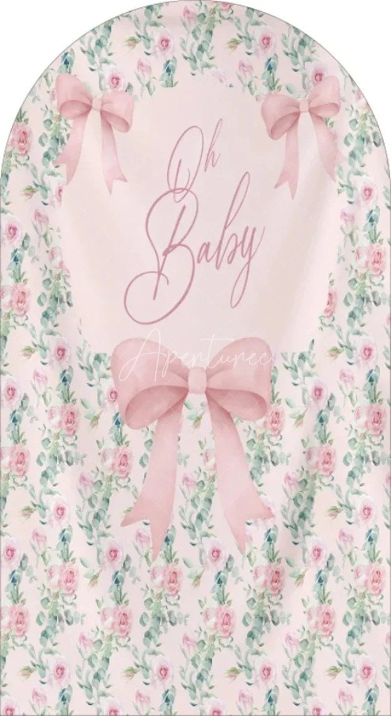 Aperturee - Aperturee Oh Baby Floral Arch Backdrop Adorable Bow and Blossom Decor for Nursery Baby Shower Photo Prop for Girls Boys
