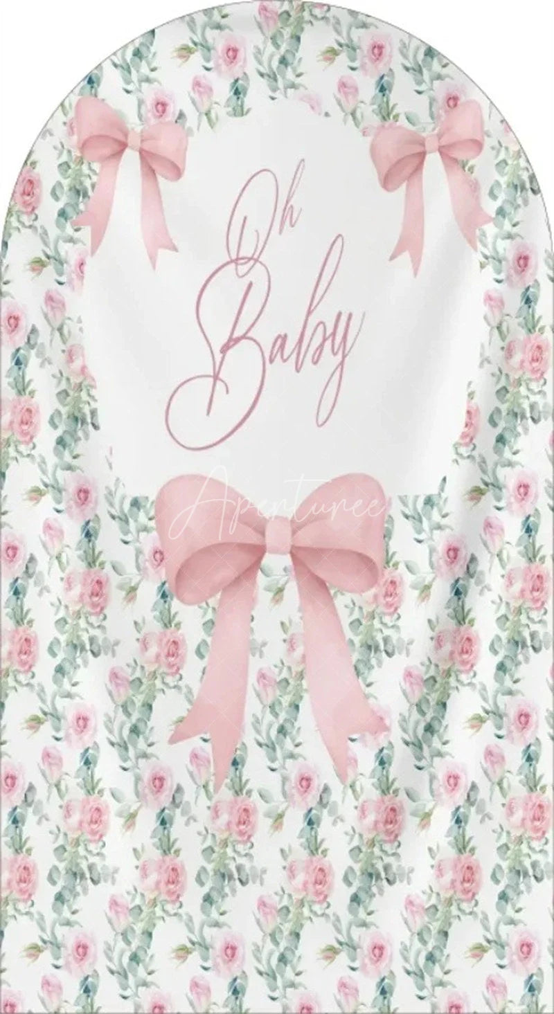 Aperturee - Aperturee Oh Baby Floral Arch Backdrop Adorable Bow and Blossom Decor for Nursery Baby Shower Photo Prop for Girls Boys