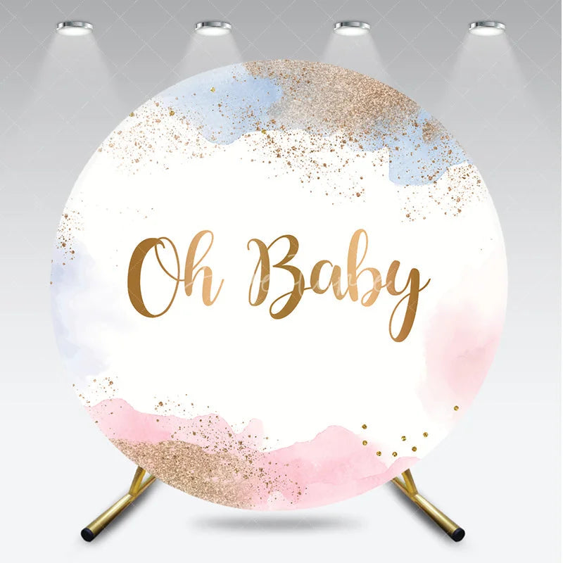 Aperturee - Aperturee Oh Baby Gold Glitter Pink and Blue Watercolor Round Backdrop Baby Shower Gender Reveal Party Decor