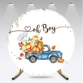 Aperturee - Aperturee Oh Boy Baby Shower Round Backdrop Blue Vintage Truck with Pumpkins Rustic Autumn Themed Welcome Sign Decor