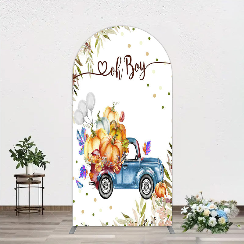 Aperturee - Aperturee Oh Boy Blue Truck Arch Backdrop for Baby Shower Rustic Autumn Pumpkin Theme Fall Party Photo Booth Decor for Boy