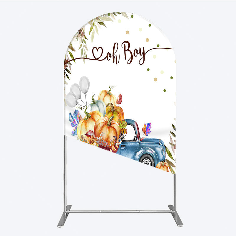 Aperturee - Aperturee Oh Boy Blue Truck Arch Backdrop for Baby Shower Rustic Autumn Pumpkin Theme Fall Party Photo Booth Decor for Boy