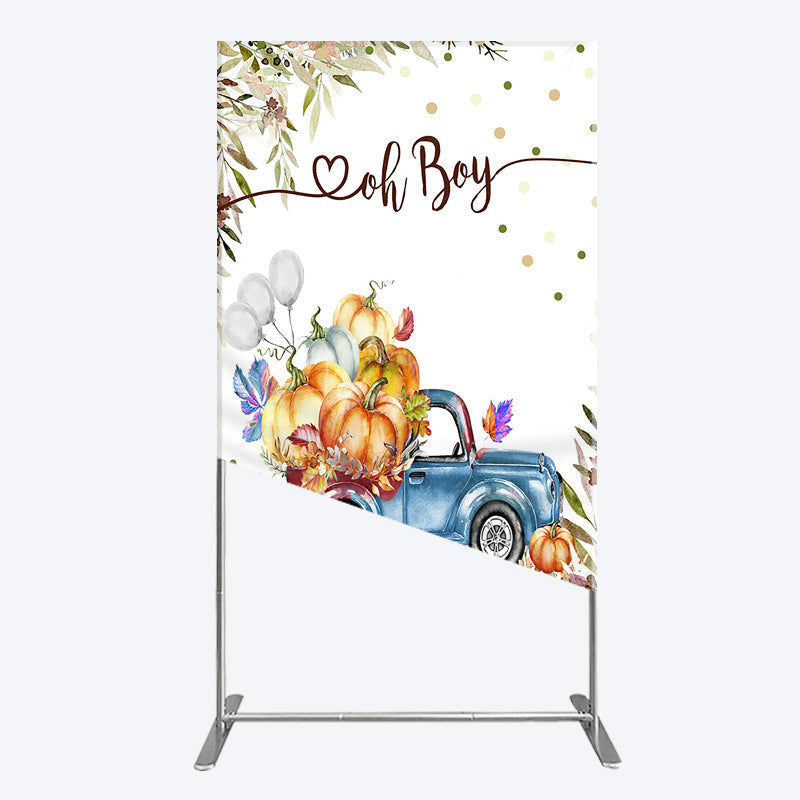 Aperturee - Aperturee Oh Boy Blue Truck Rectangle Backdrop for Baby Shower Rustic Autumn Pumpkin Theme Fall Party Photo Booth Decor for Boy