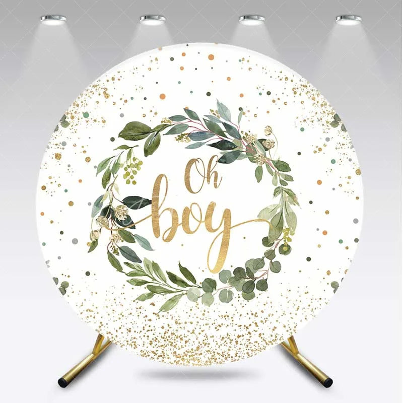 Aperturee - Aperturee Oh Boy Greenery Wreath Round Backdrop Eucalyptus Leaves and Gold Glitter Baby Shower Background