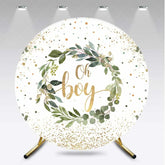 Aperturee - Aperturee Oh Boy Greenery Wreath Round Backdrop Eucalyptus Leaves and Gold Glitter Baby Shower Background