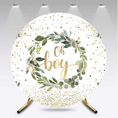 Aperturee - Aperturee Oh Boy Greenery Wreath Round Backdrop Eucalyptus Leaves and Gold Glitter Baby Shower Background